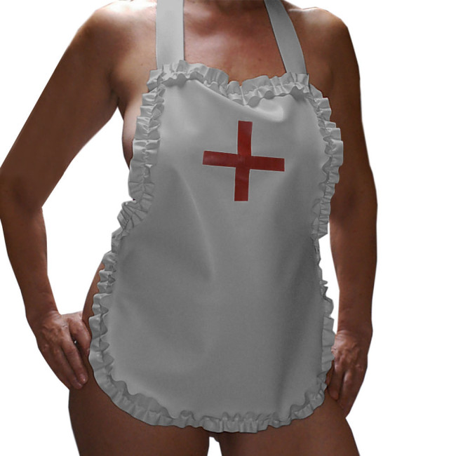 Sexy Nurse Maid Apron Ruffles Party Club Work Services Bib Outfit Glossy PVC Leather Lace-up Cosplay Waiter Pinafore Accessories