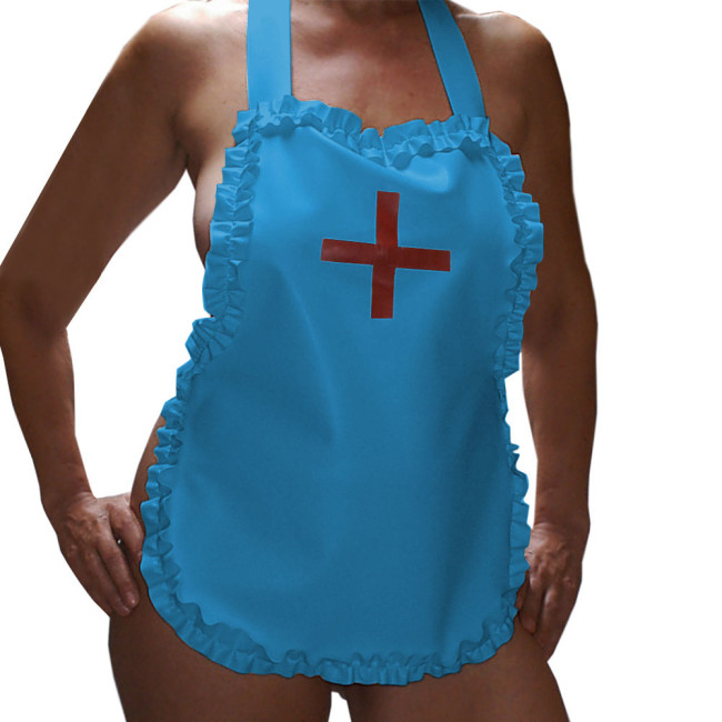 Sexy Nurse Maid Apron Ruffles Party Club Work Services Bib Outfit Glossy PVC Leather Lace-up Cosplay Waiter Pinafore Accessories