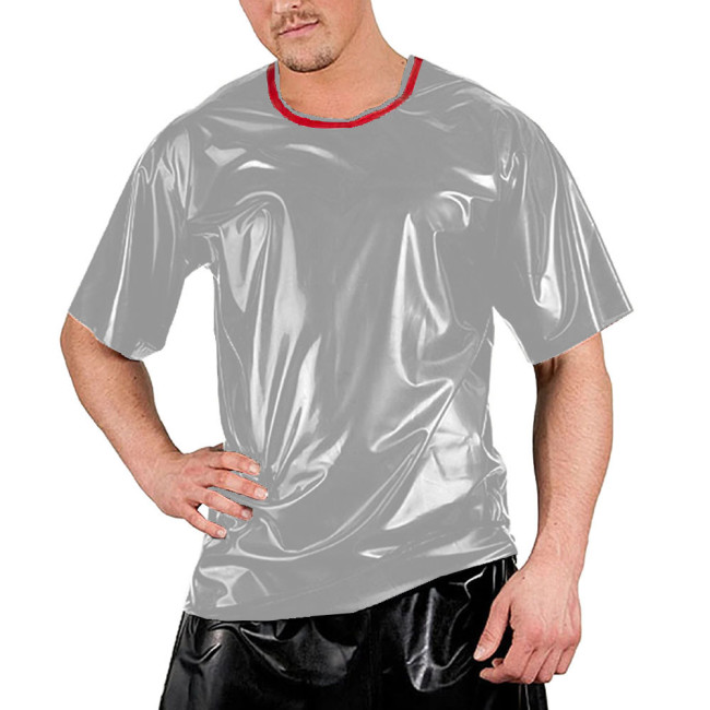 Red Patchwork O-neck Men Shirt Short Sleeve Sexy Club Night T-Shirts Tops Smooth Slim Clubwear Costumes Dance Performance