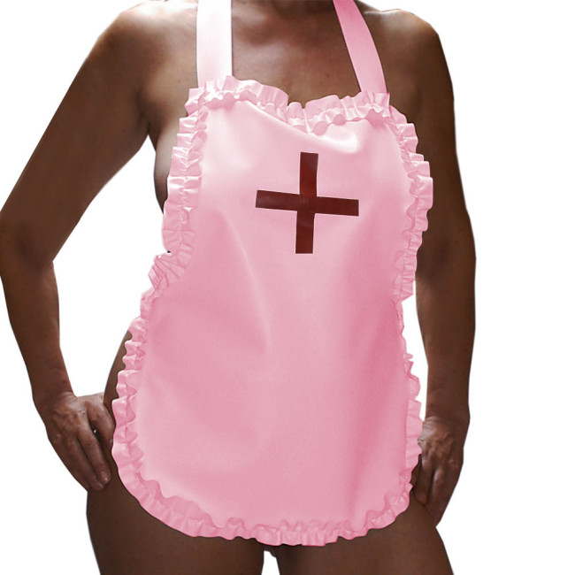 Sexy Nurse Maid Apron Ruffles Party Club Work Services Bib Outfit Glossy PVC Leather Lace-up Cosplay Waiter Pinafore Accessories
