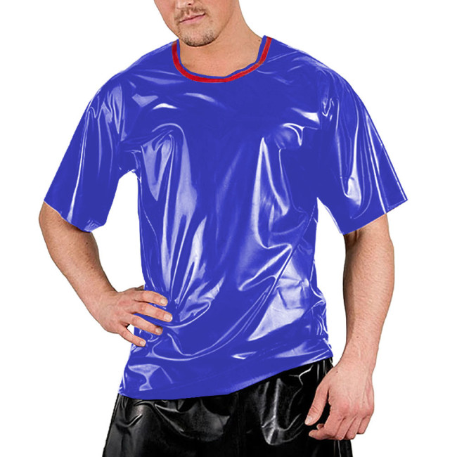 Red Patchwork O-neck Men Shirt Short Sleeve Sexy Club Night T-Shirts Tops Smooth Slim Clubwear Costumes Dance Performance