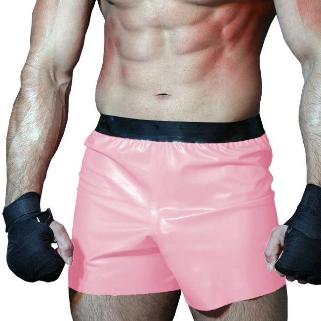 Mens Faux Latex-look Boxer High-waisted Gym Sport Shorts Glossy PVC Leather Patchwork Underwear Loose Hot Pants Male Clubwear