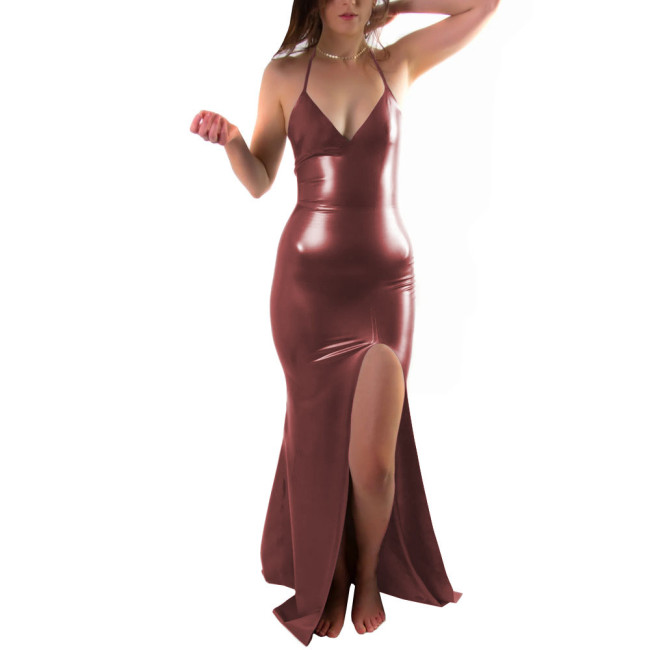 PVC Leather Women Long Dress Sexy Halter Slit Leg Gown Sleeveless Female Dress Night Club Outfits Plus Size Cosplay Costume