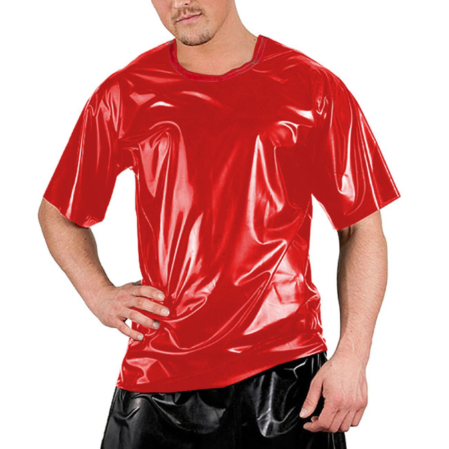 Red Patchwork O-neck Men Shirt Short Sleeve Sexy Club Night T-Shirts Tops Smooth Slim Clubwear Costumes Dance Performance