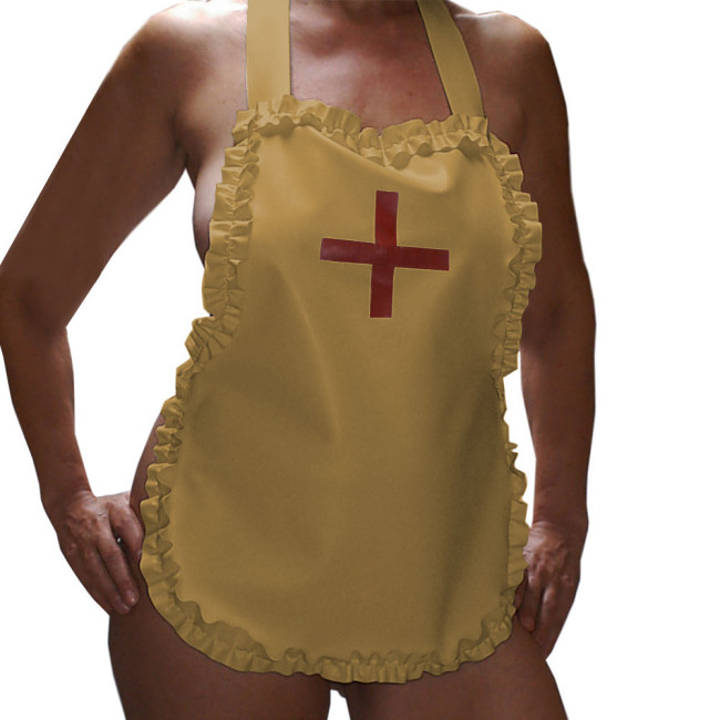 Sexy Nurse Maid Apron Ruffles Party Club Work Services Bib Outfit Glossy PVC Leather Lace-up Cosplay Waiter Pinafore Accessories