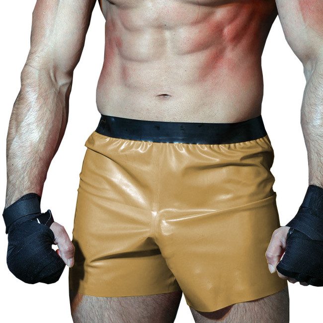Mens Faux Latex-look Boxer High-waisted Gym Sport Shorts Glossy PVC Leather Patchwork Underwear Loose Hot Pants Male Clubwear