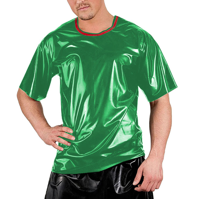 Red Patchwork O-neck Men Shirt Short Sleeve Sexy Club Night T-Shirts Tops Smooth Slim Clubwear Costumes Dance Performance