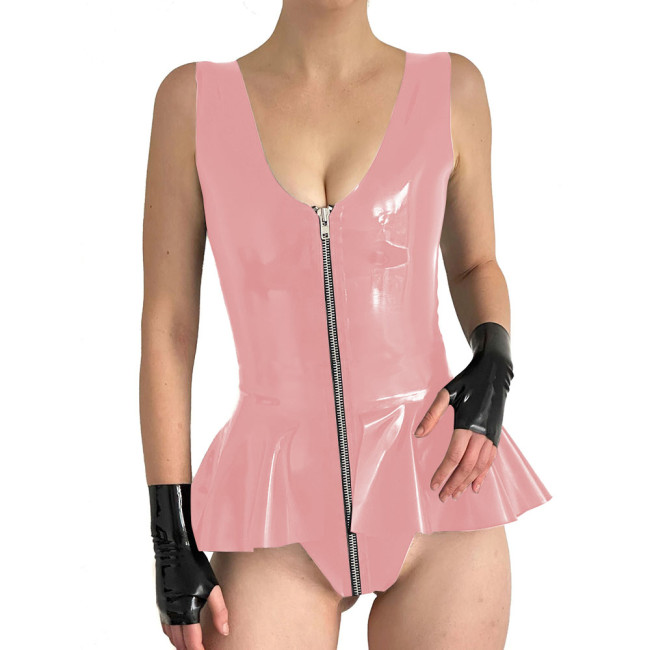 Sexy Bodysuit V-Neck With Big Ruffles Front Zip Bodycon  PVC Sleeveless Romper Women Catsuit Plus Size Clubwear Cosplay Costume