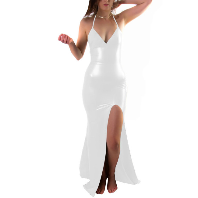 PVC Leather Women Long Dress Sexy Halter Slit Leg Gown Sleeveless Female Dress Night Club Outfits Plus Size Cosplay Costume