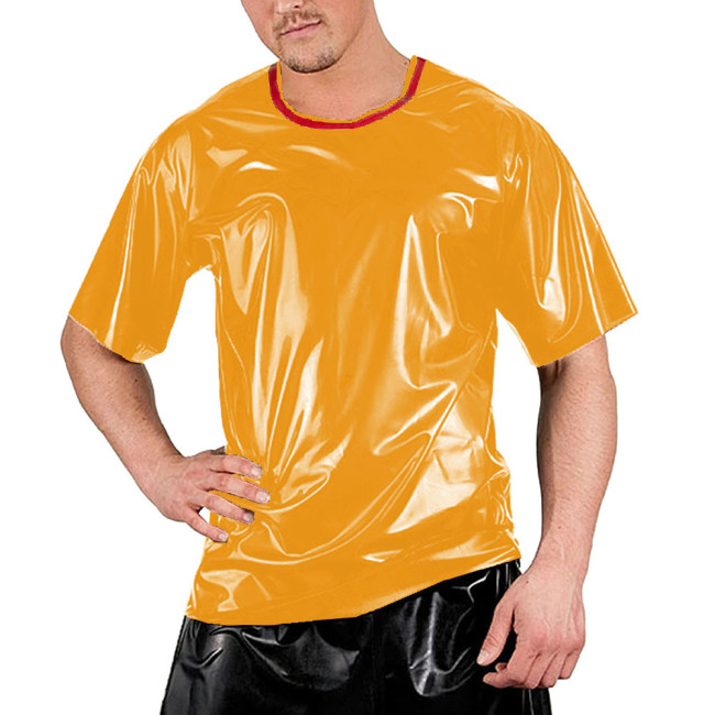 Red Patchwork O-neck Men Shirt Short Sleeve Sexy Club Night T-Shirts Tops Smooth Slim Clubwear Costumes Dance Performance