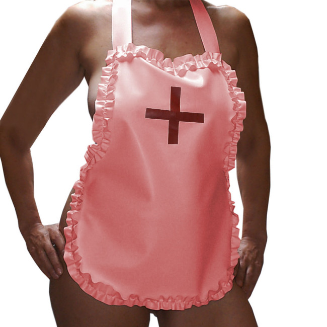 Sexy Nurse Maid Apron Ruffles Party Club Work Services Bib Outfit Glossy PVC Leather Lace-up Cosplay Waiter Pinafore Accessories