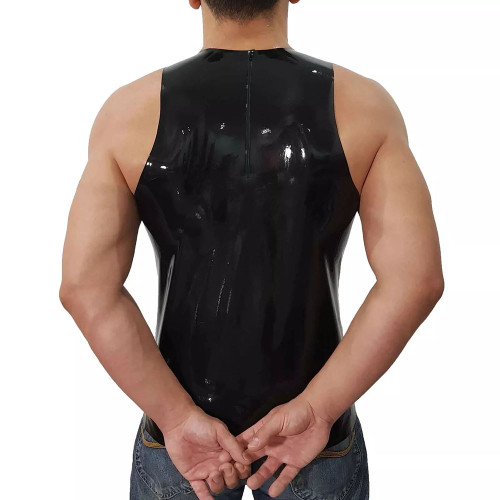 Fashion Short Wetlook PVC Leather Casual Vest Summer Men Sleeveless Vest O-neck Tops Beach Holiday Camis  Back Zipper Plus Size