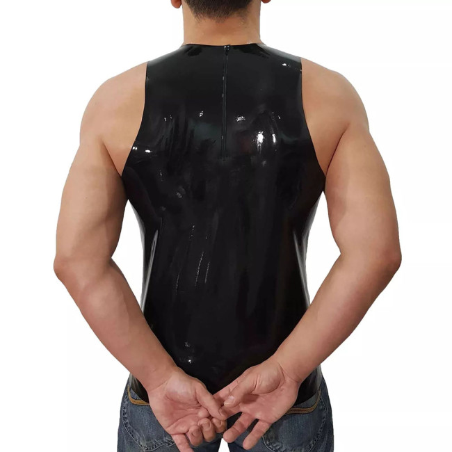 Fashion Short Wetlook PVC Leather Casual Vest Summer Men Sleeveless Vest O-neck Tops Beach Holiday Camis  Back Zipper Plus Size