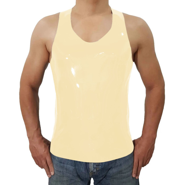 Fashion Short Wetlook PVC Leather Casual Vest Summer Men Sleeveless Vest O-neck Tops Beach Holiday Camis  Back Zipper Plus Size