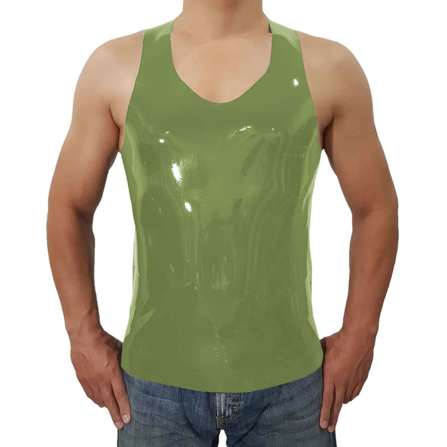Fashion Short Wetlook PVC Leather Casual Vest Summer Men Sleeveless Vest O-neck Tops Beach Holiday Camis  Back Zipper Plus Size