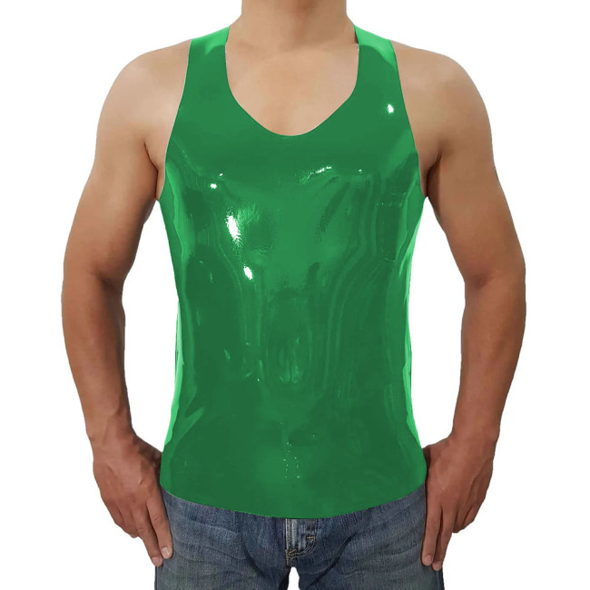 Fashion Short Wetlook PVC Leather Casual Vest Summer Men Sleeveless Vest O-neck Tops Beach Holiday Camis  Back Zipper Plus Size