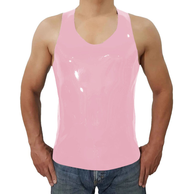 Fashion Short Wetlook PVC Leather Casual Vest Summer Men Sleeveless Vest O-neck Tops Beach Holiday Camis  Back Zipper Plus Size