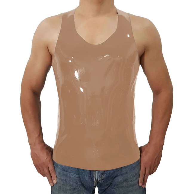 Fashion Short Wetlook PVC Leather Casual Vest Summer Men Sleeveless Vest O-neck Tops Beach Holiday Camis  Back Zipper Plus Size