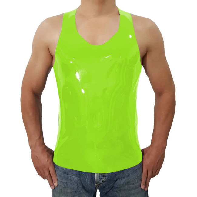 Fashion Short Wetlook PVC Leather Casual Vest Summer Men Sleeveless Vest O-neck Tops Beach Holiday Camis  Back Zipper Plus Size