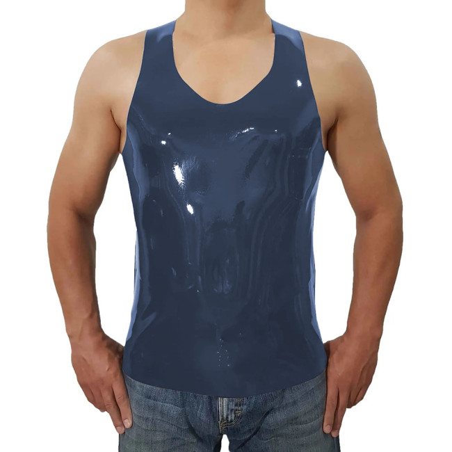 Fashion Short Wetlook PVC Leather Casual Vest Summer Men Sleeveless Vest O-neck Tops Beach Holiday Camis  Back Zipper Plus Size