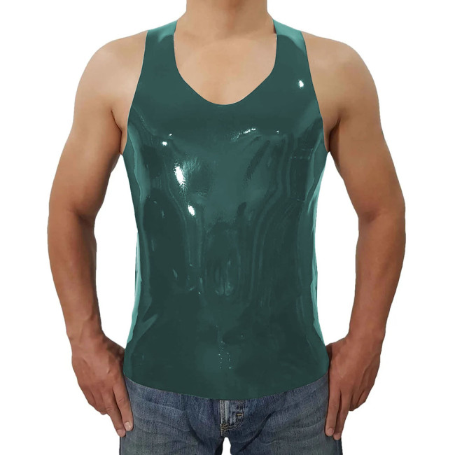 Fashion Short Wetlook PVC Leather Casual Vest Summer Men Sleeveless Vest O-neck Tops Beach Holiday Camis  Back Zipper Plus Size