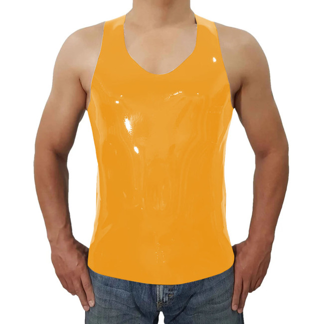 Fashion Short Wetlook PVC Leather Casual Vest Summer Men Sleeveless Vest O-neck Tops Beach Holiday Camis  Back Zipper Plus Size
