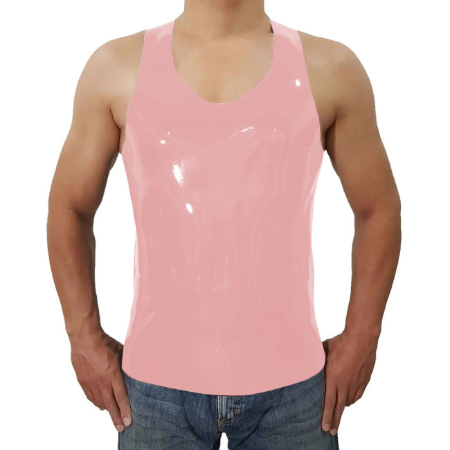 Fashion Short Wetlook PVC Leather Casual Vest Summer Men Sleeveless Vest O-neck Tops Beach Holiday Camis  Back Zipper Plus Size
