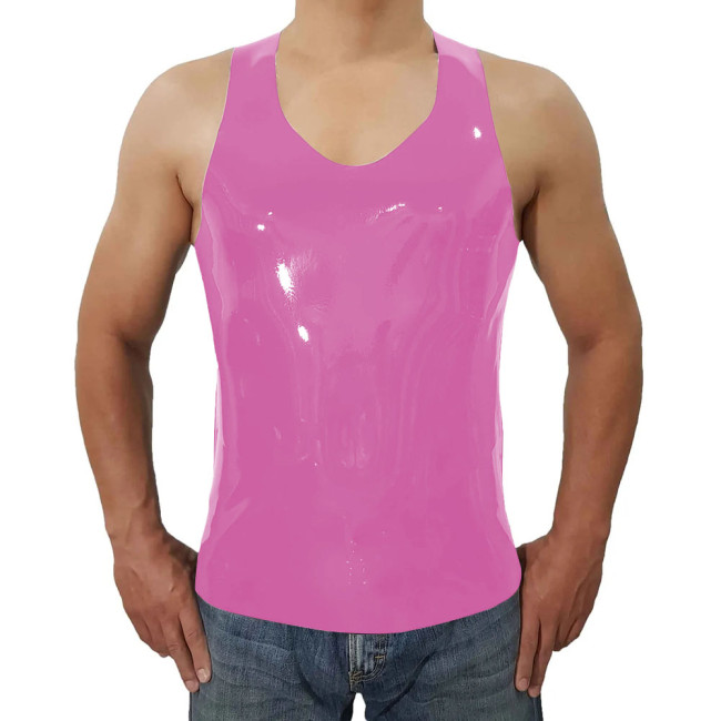 Fashion Short Wetlook PVC Leather Casual Vest Summer Men Sleeveless Vest O-neck Tops Beach Holiday Camis  Back Zipper Plus Size