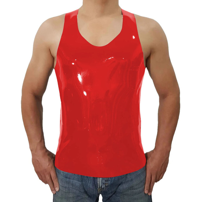 Fashion Short Wetlook PVC Leather Casual Vest Summer Men Sleeveless Vest O-neck Tops Beach Holiday Camis  Back Zipper Plus Size
