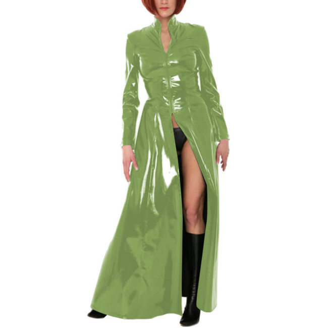 Unisex Party Stand Collar Wetlook Long Trench Coat Shiny Cosplay Gothic Long Sleeve Jacket Sexy Zipper Fork Party Coats Clubwear