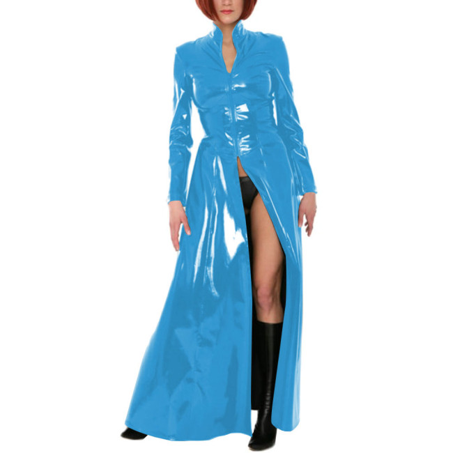 Unisex Party Stand Collar Wetlook Long Trench Coat Shiny Cosplay Gothic Long Sleeve Jacket Sexy Zipper Fork Party Coats Clubwear