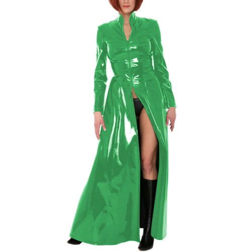 Unisex Party Stand Collar Wetlook Long Trench Coat Shiny Cosplay Gothic Long Sleeve Jacket Sexy Zipper Fork Party Coats Clubwear