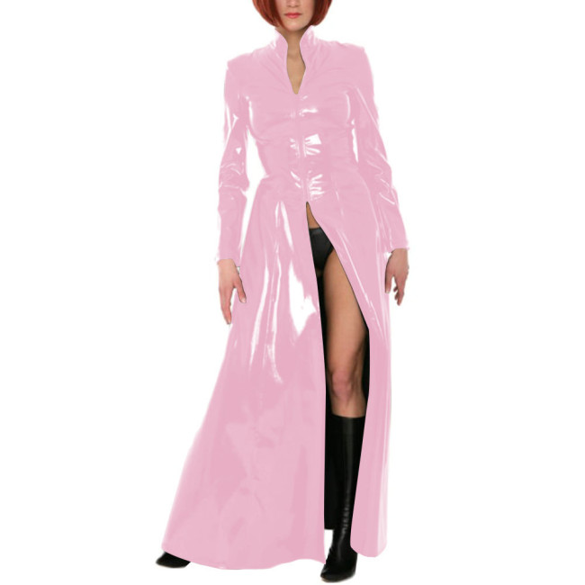 Unisex Party Stand Collar Wetlook Long Trench Coat Shiny Cosplay Gothic Long Sleeve Jacket Sexy Zipper Fork Party Coats Clubwear