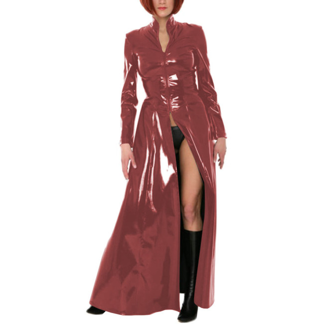 Unisex Party Stand Collar Wetlook Long Trench Coat Shiny Cosplay Gothic Long Sleeve Jacket Sexy Zipper Fork Party Coats Clubwear