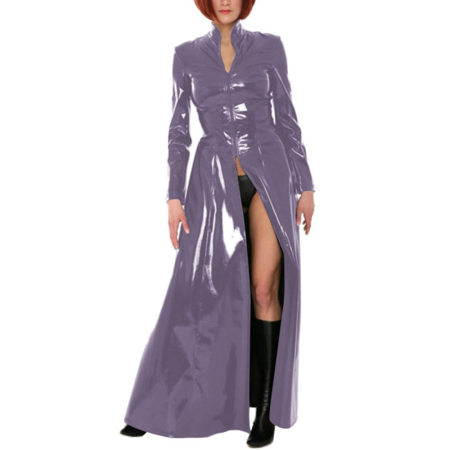 Unisex Party Stand Collar Wetlook Long Trench Coat Shiny Cosplay Gothic Long Sleeve Jacket Sexy Zipper Fork Party Coats Clubwear