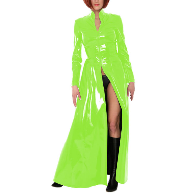 Unisex Party Stand Collar Wetlook Long Trench Coat Shiny Cosplay Gothic Long Sleeve Jacket Sexy Zipper Fork Party Coats Clubwear