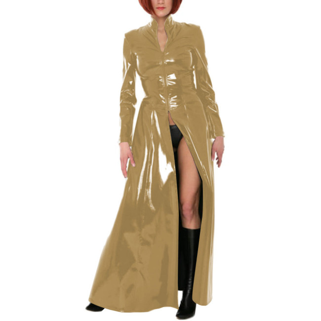 Unisex Party Stand Collar Wetlook Long Trench Coat Shiny Cosplay Gothic Long Sleeve Jacket Sexy Zipper Fork Party Coats Clubwear