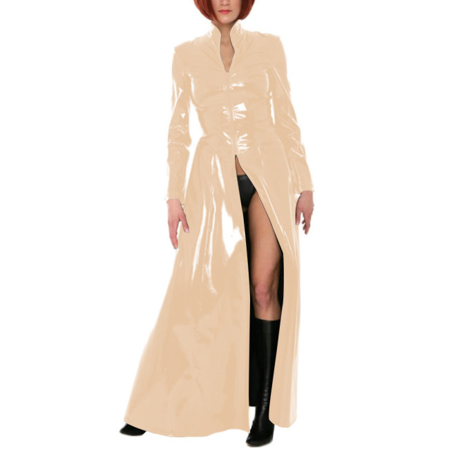 Unisex Party Stand Collar Wetlook Long Trench Coat Shiny Cosplay Gothic Long Sleeve Jacket Sexy Zipper Fork Party Coats Clubwear