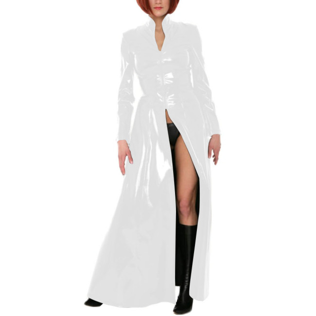 Unisex Party Stand Collar Wetlook Long Trench Coat Shiny Cosplay Gothic Long Sleeve Jacket Sexy Zipper Fork Party Coats Clubwear