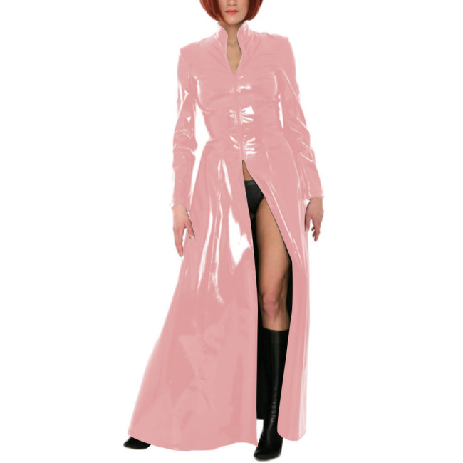 Unisex Party Stand Collar Wetlook Long Trench Coat Shiny Cosplay Gothic Long Sleeve Jacket Sexy Zipper Fork Party Coats Clubwear