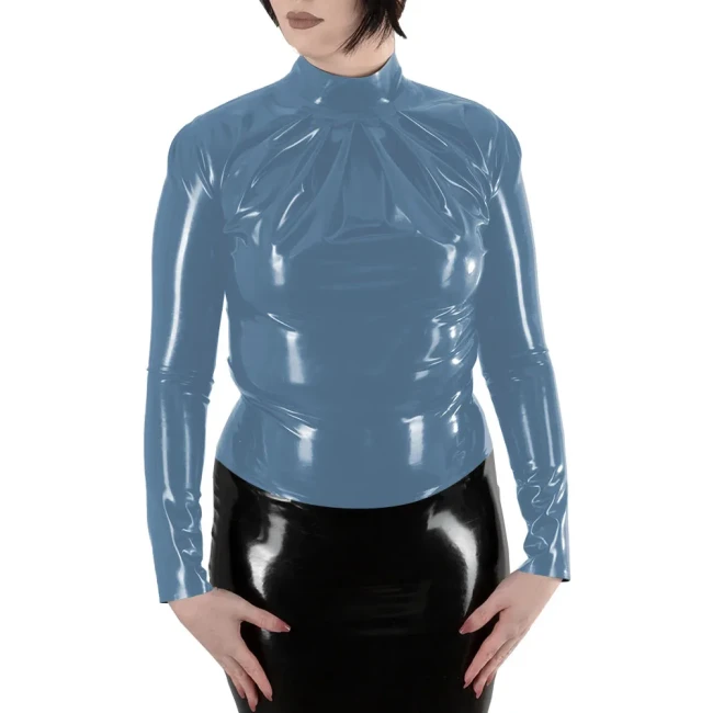 Women Turtleneck Long Sleeve T Shirt Ladies Stretch Slim Shiny PVC Leather Top Back Zip Eleangt Blouse Bodycon Wetlook Clubwear