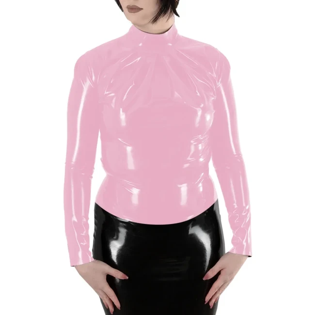 Women Turtleneck Long Sleeve T Shirt Ladies Stretch Slim Shiny PVC Leather Top Back Zip Eleangt Blouse Bodycon Wetlook Clubwear