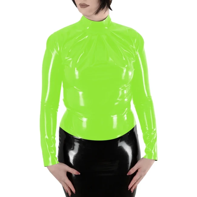 Women Turtleneck Long Sleeve T Shirt Ladies Stretch Slim Shiny PVC Leather Top Back Zip Eleangt Blouse Bodycon Wetlook Clubwear