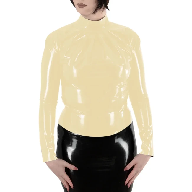 Women Turtleneck Long Sleeve T Shirt Ladies Stretch Slim Shiny PVC Leather Top Back Zip Eleangt Blouse Bodycon Wetlook Clubwear