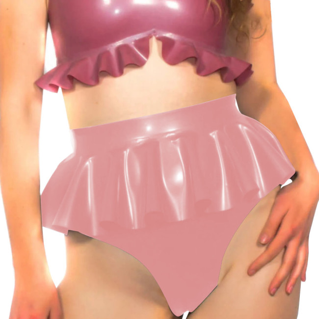 High Waist Sexy Cosplay Hot Pants with Ruffles Wetlook Patent Leather Exotic Panties Nightwear Sissy PVC Shiny Briefs Lingerie