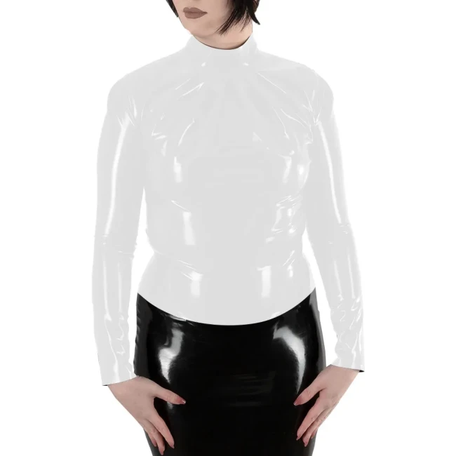 Women Turtleneck Long Sleeve T Shirt Ladies Stretch Slim Shiny PVC Leather Top Back Zip Eleangt Blouse Bodycon Wetlook Clubwear