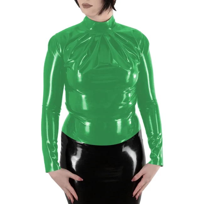 Women Turtleneck Long Sleeve T Shirt Ladies Stretch Slim Shiny PVC Leather Top Back Zip Eleangt Blouse Bodycon Wetlook Clubwear