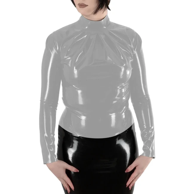 Women Turtleneck Long Sleeve T Shirt Ladies Stretch Slim Shiny PVC Leather Top Back Zip Eleangt Blouse Bodycon Wetlook Clubwear