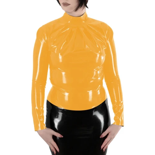 Women Turtleneck Long Sleeve T Shirt Ladies Stretch Slim Shiny PVC Leather Top Back Zip Eleangt Blouse Bodycon Wetlook Clubwear