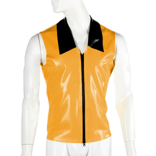 Fashion Men Patent Leather Jacket Shiny PVC Vinyl Sleeveless Turn-Down Collar Shiny Club Slim Tops Streetwear Male Zipper Shirt